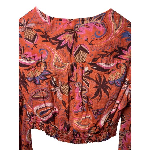 Womens SZ 4 Bohemian Long Sleeve Cropped Blouse Button Front & Elastic Back - Picture 4 of 9